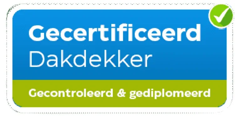 Keurmerk Gecertificeerd Dakdekker, gecontroleerd en gediplomeerd, met groen vinkje