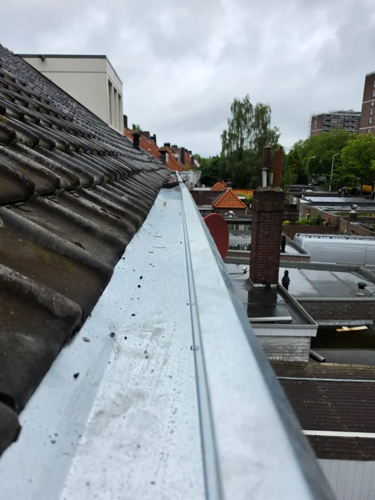 Zinken daktrim en goot langs de dakrand van een dak met antracieten dakpannen boven de stad