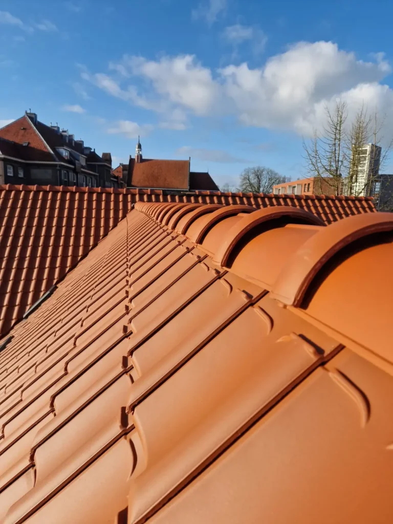 Detail van een dak met rode dakpannen en vorsten op de nok
