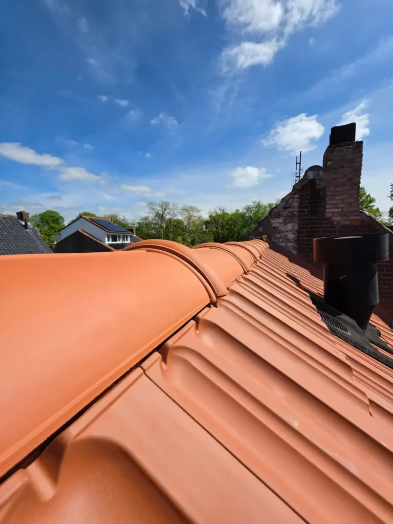 Detail van rode vorsten op de nok van een dak met terracotta dakpannen en schoorsteen