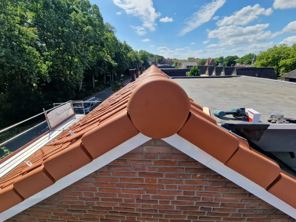 Rode vorsten met ronde eindvorst op de nok van een dak met terracotta dakpannen