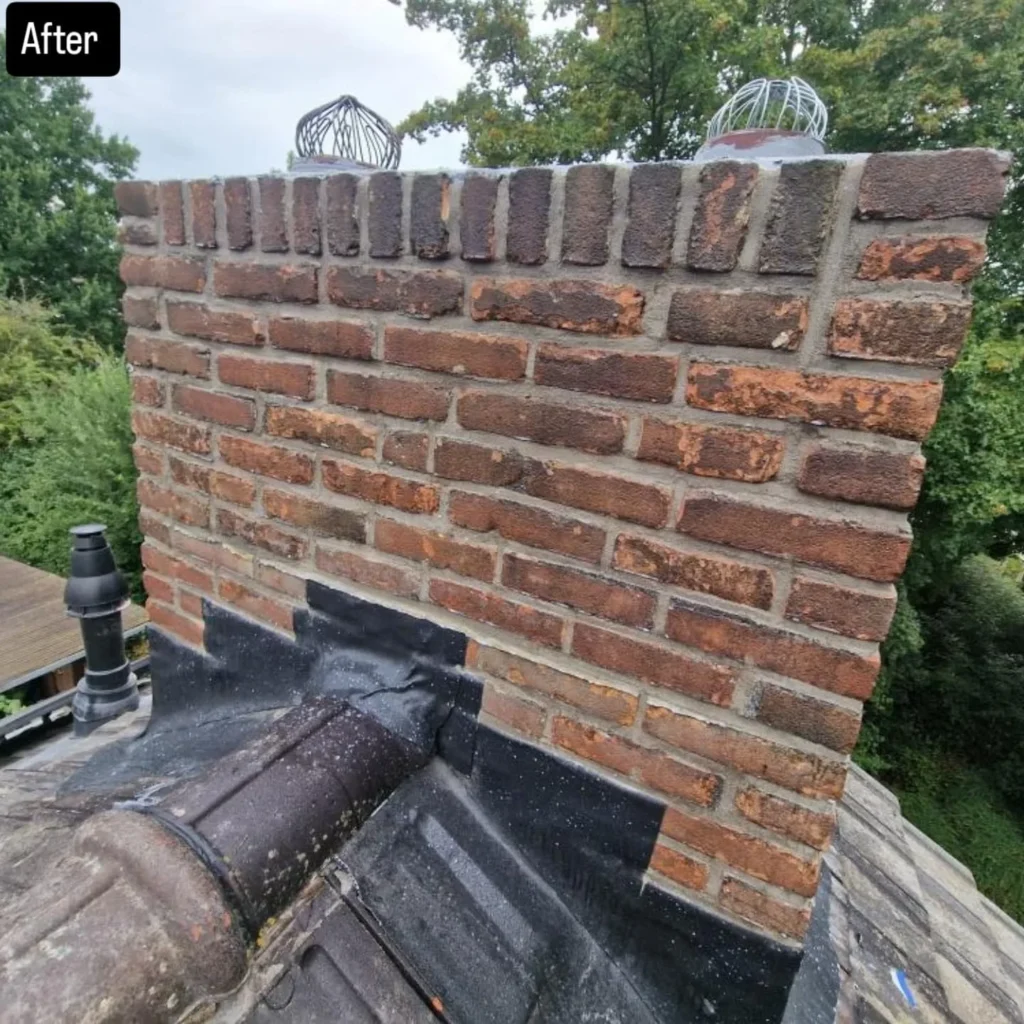 Gerenoveerde gemetselde schoorsteen met nieuw loodwerk aan de voet, na renovatie