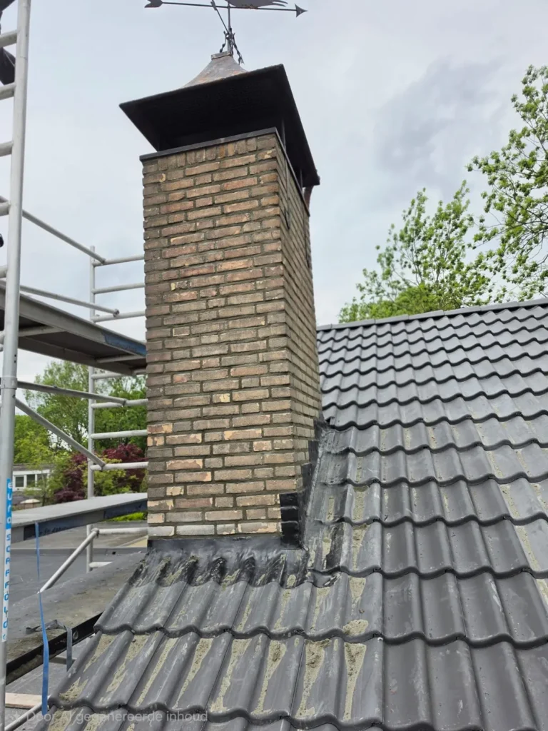 Oude gemetselde schoorsteen met kap en weervaan op een dak met antracieten dakpannen en steiger